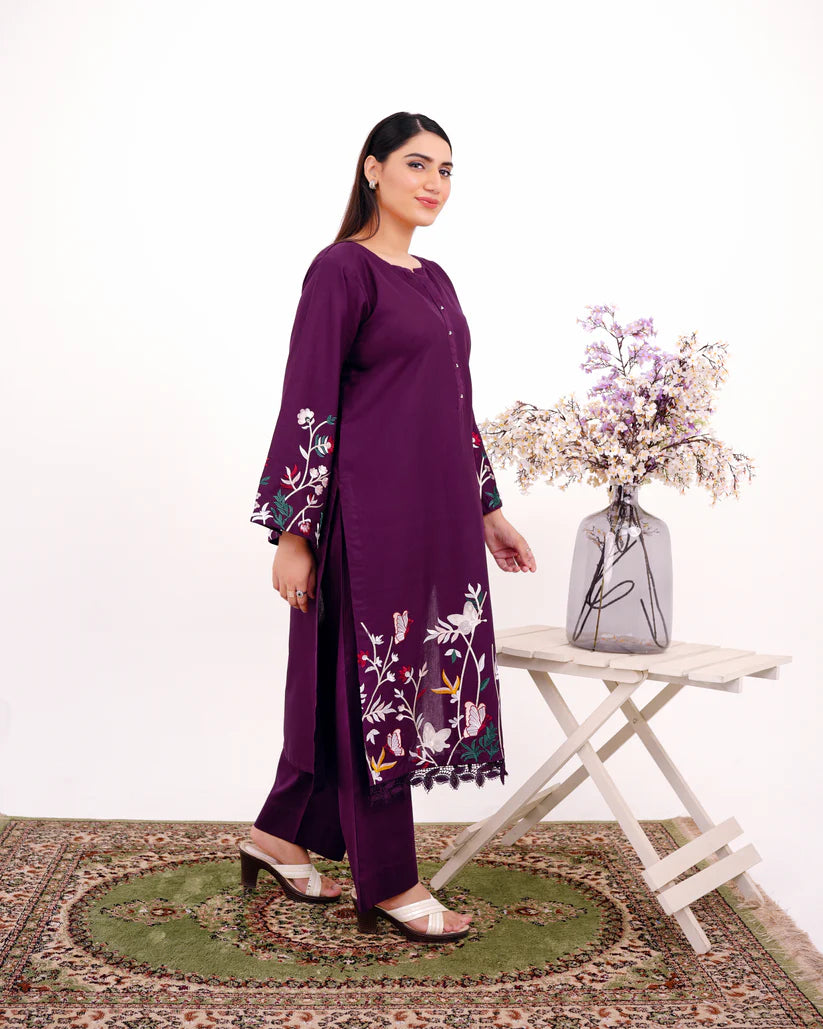 AREESHA – Embroidered Plum Two-Piece Cotton Ensemble