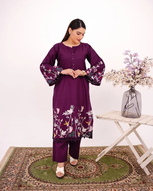 AREESHA – Embroidered Plum Two-Piece Cotton Ensemble