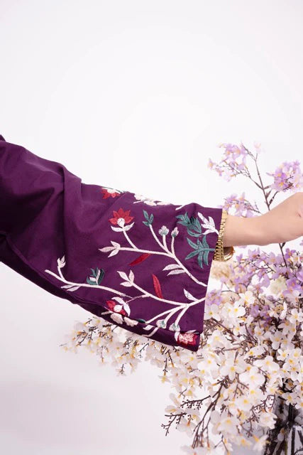 AREESHA – Embroidered Plum Two-Piece Cotton Ensemble